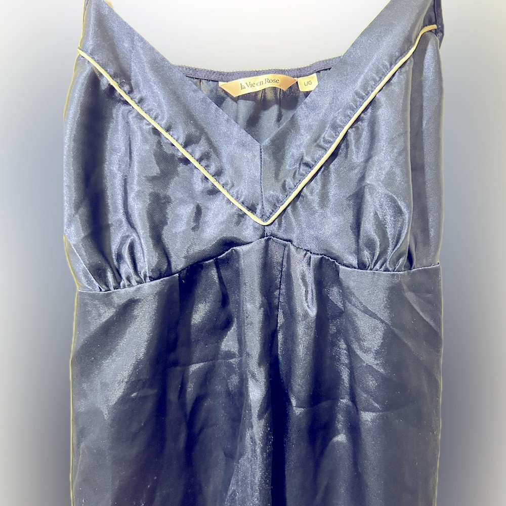 La Vie En Rose Women’s Satin Navy Blue Slip Dress, Back Tie Belt Nautical Size L - Picture 8 of 8